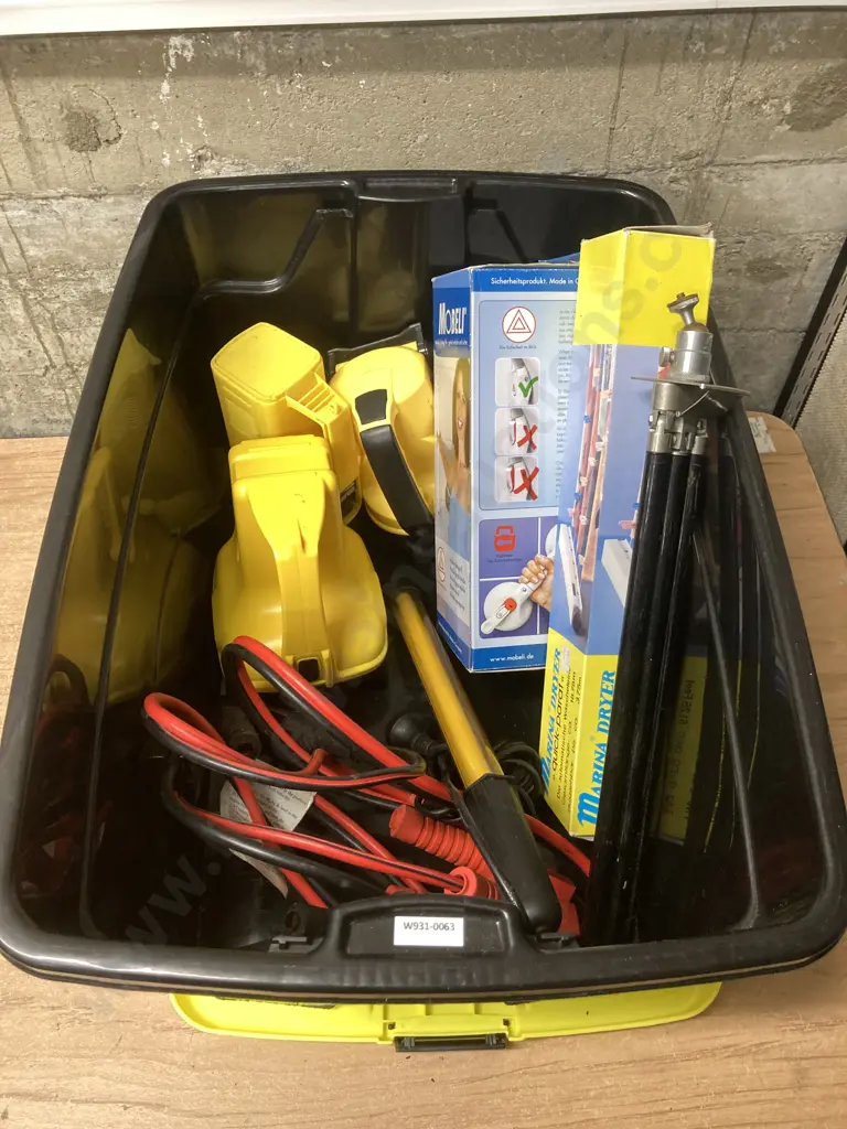Black Bin With Lid, GearUp Jumper Leads, Portable Grab Handle, Torches Etc Image 1++